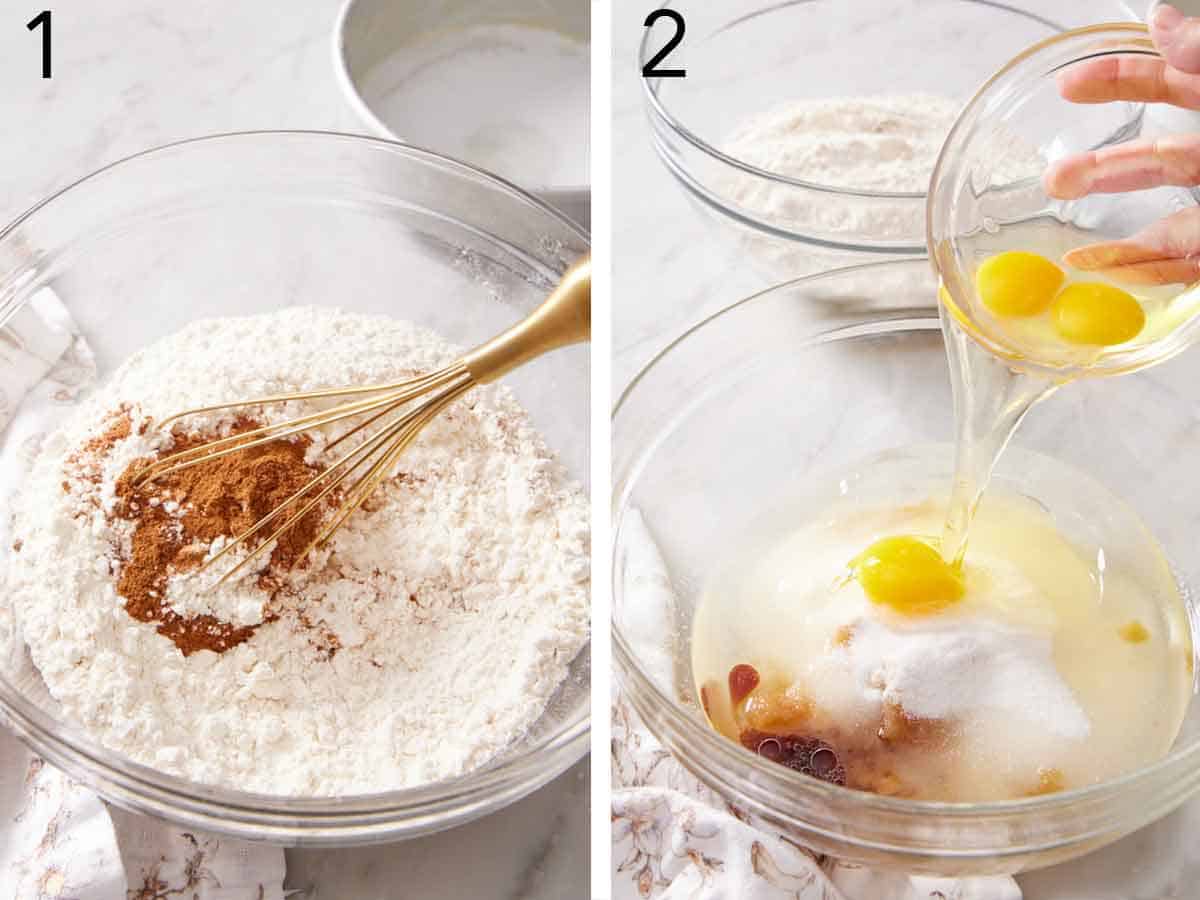 Set of two photos showing dry ingredients whisked together and eggs added.