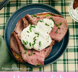 Pinterest graphic of an overhead view of horseradish sauce over sliced beef topped with chopped chives.