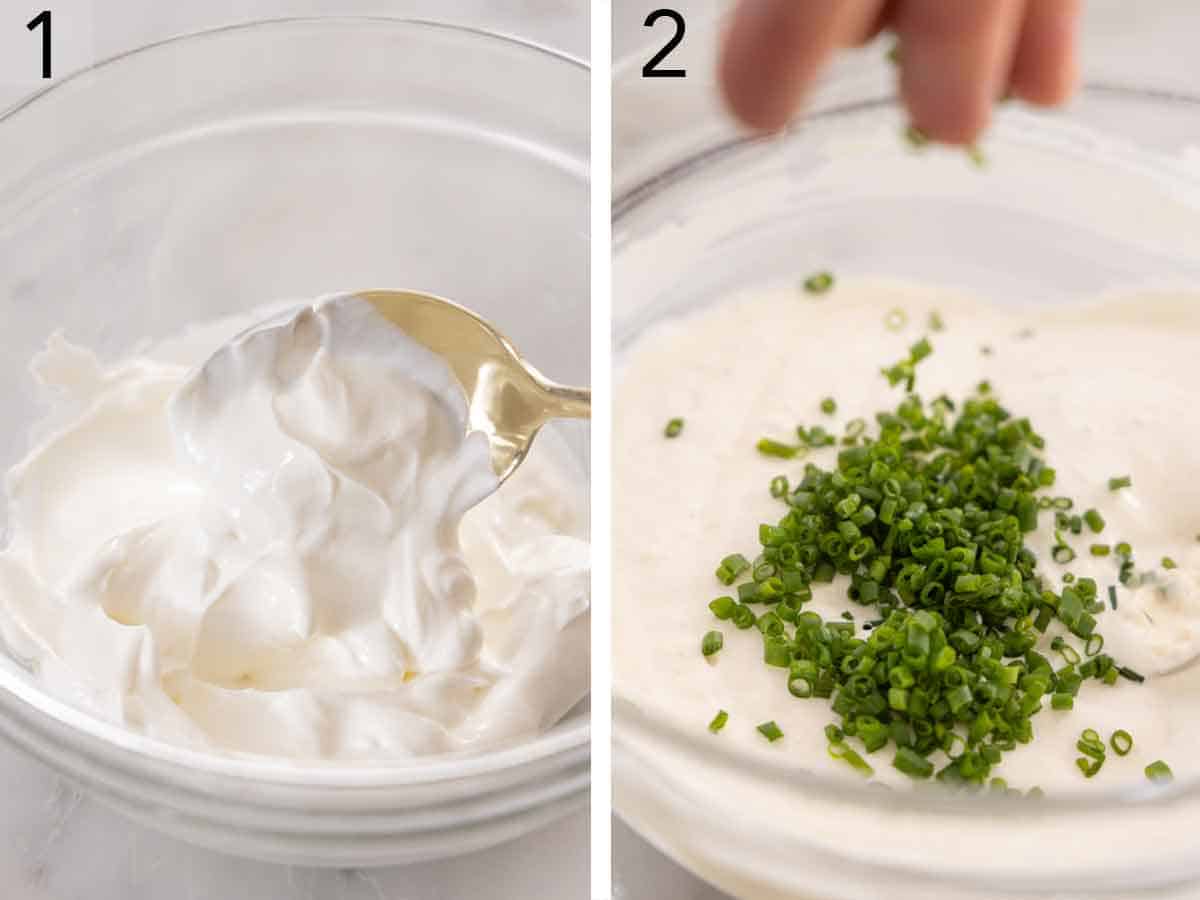 Set of two photos showing sour cream and mayonnaise added to a bowl the chopped chives added on top.
