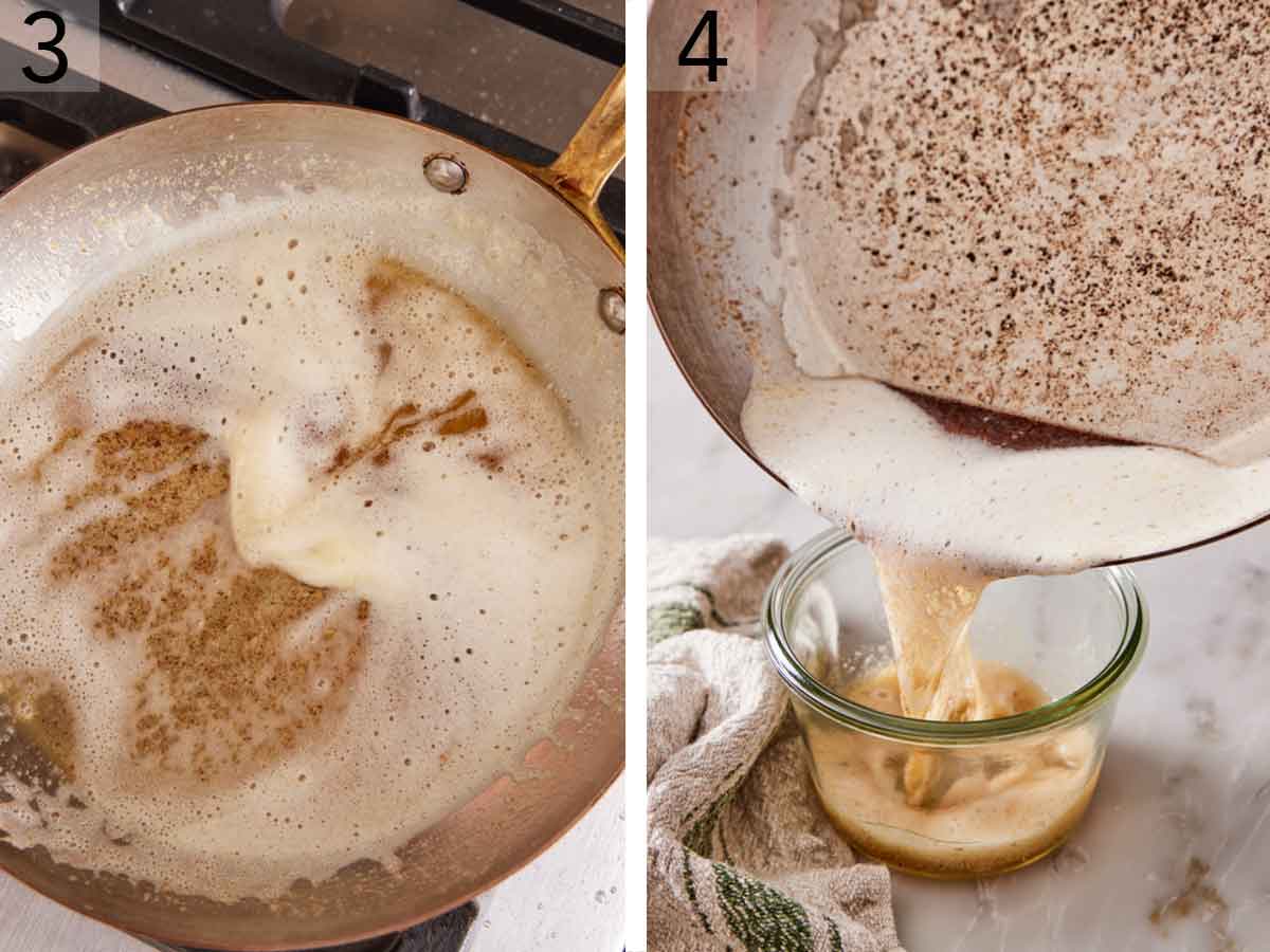 Set of two photos showing butter bubbling in a skillet and poured into a jar.
