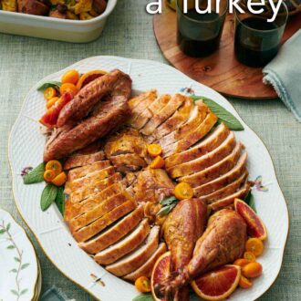 Pinterest graphic of a platter with a carved turkey. Drinks in the background along with stuffing.