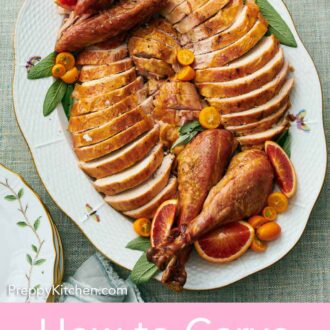 Pinterest graphic of an overhead view of a platter of a carved turkey.