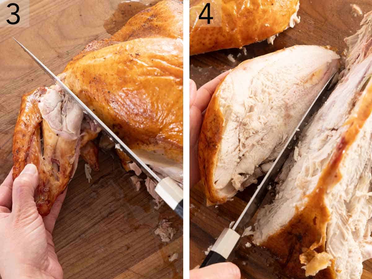 Set of two photos showing turkey wing and breast cut off.