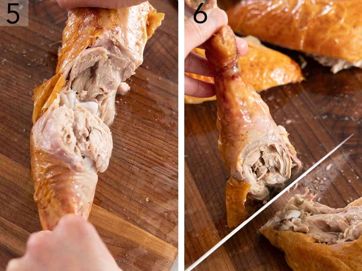Set of two photos showing turkey drumstick pulled from the thigh and cut.