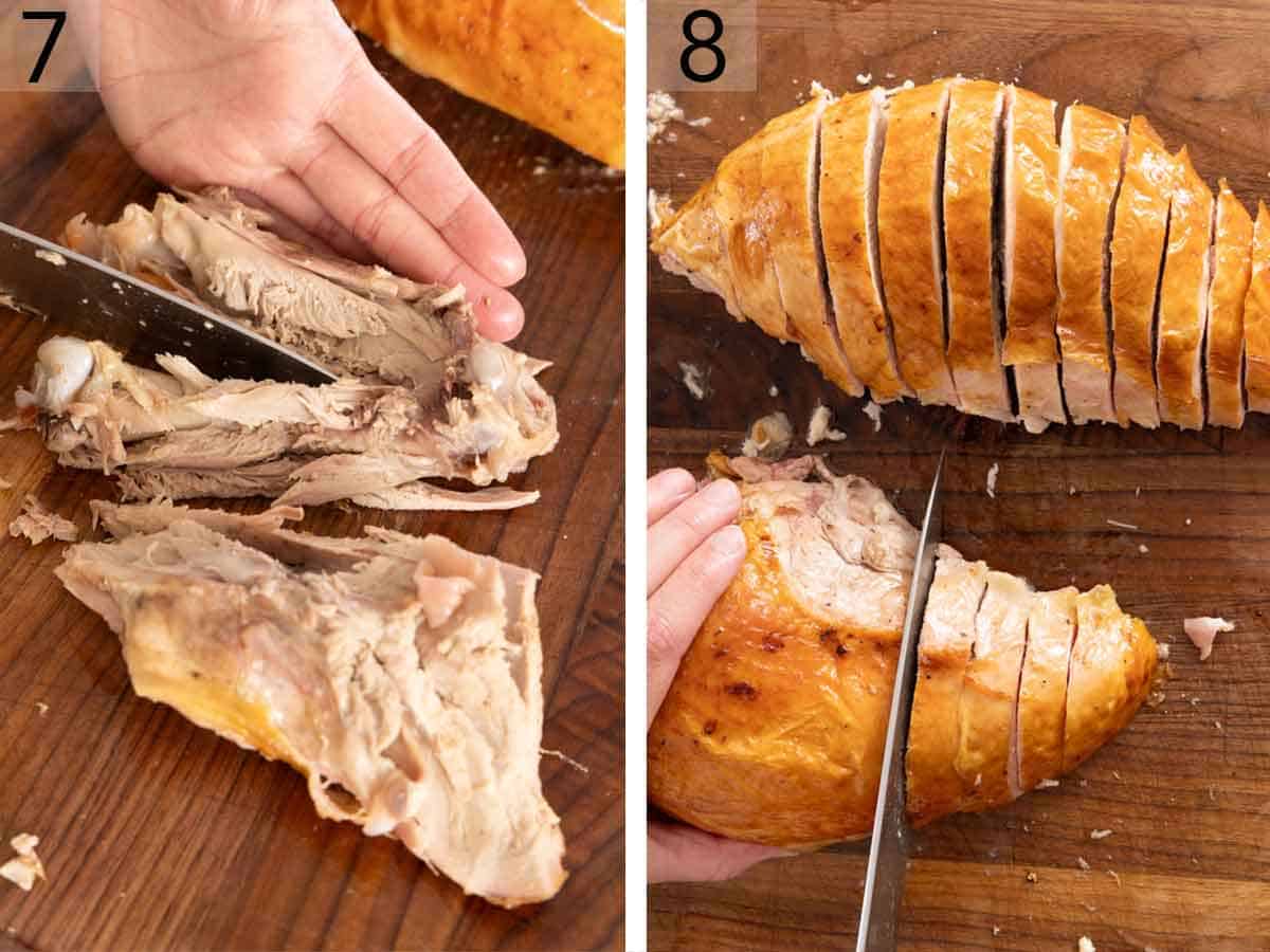 Set of two photos showing meat cut off the thigh bone and turkey breasts sliced.