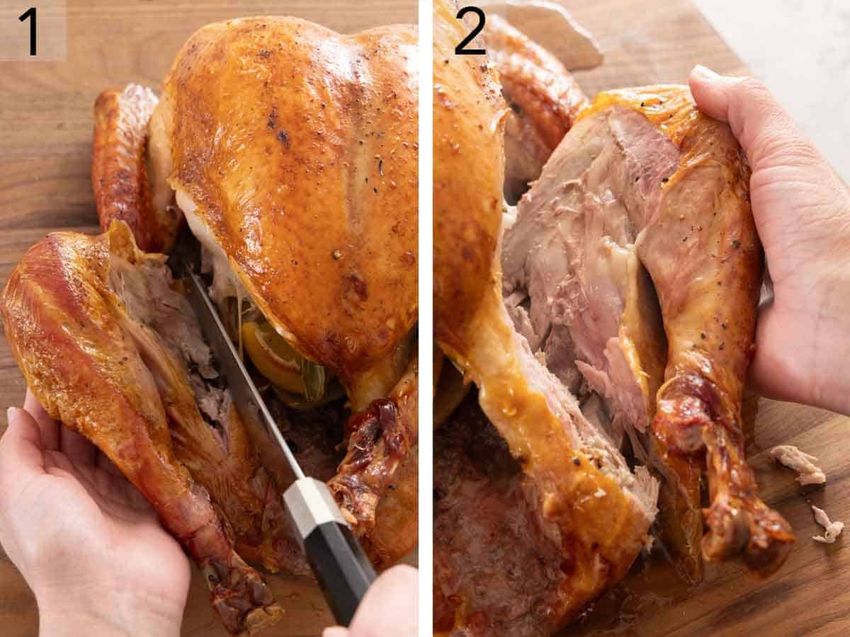 Set of two photos showing a turkey leg cut and pulled off the turkey.