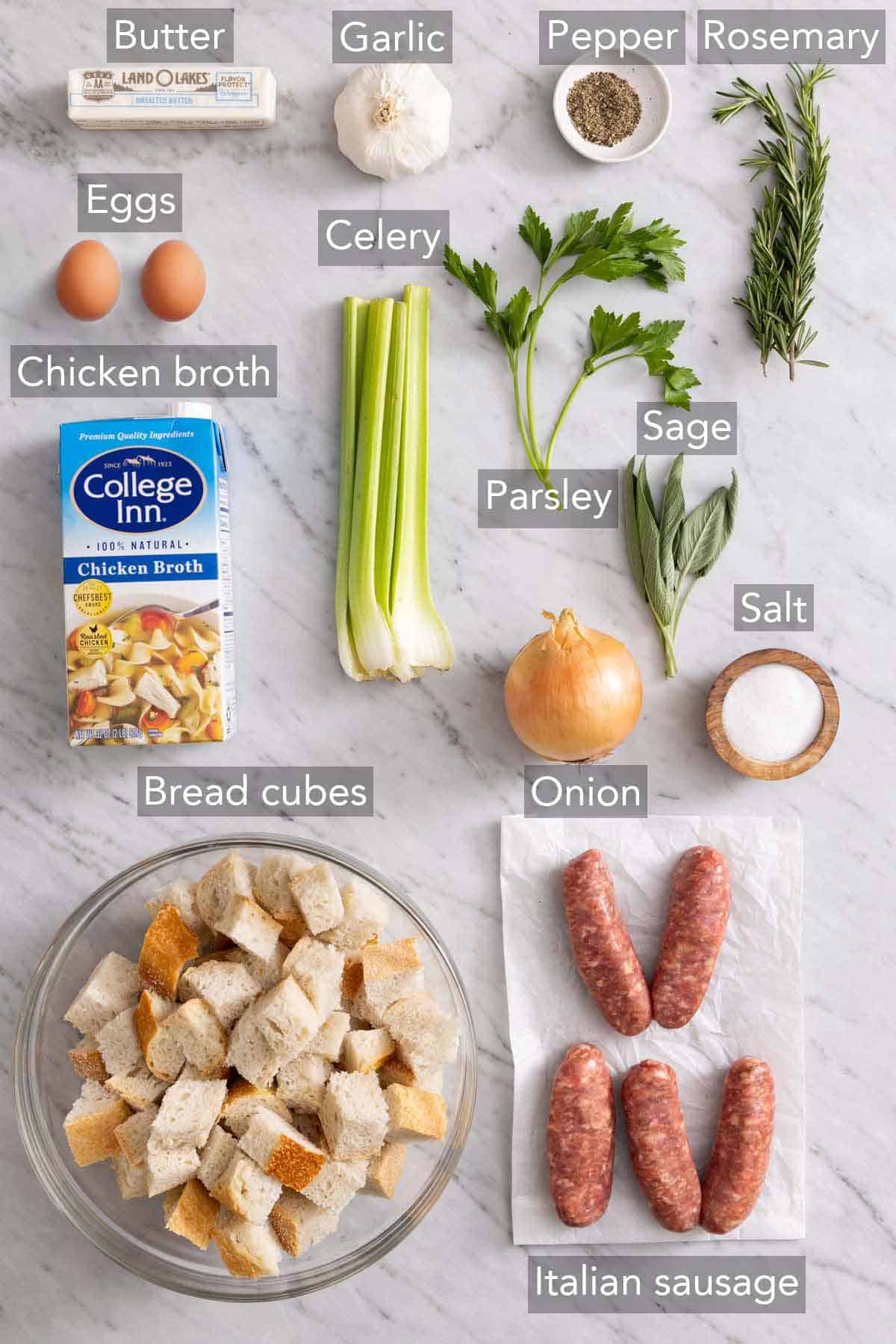 Ingredients needed to make sausage stuffing.