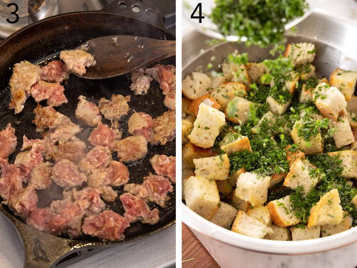 Set of two photos showing sausage cooked in a skillet and herbs added to the bread cubes.
