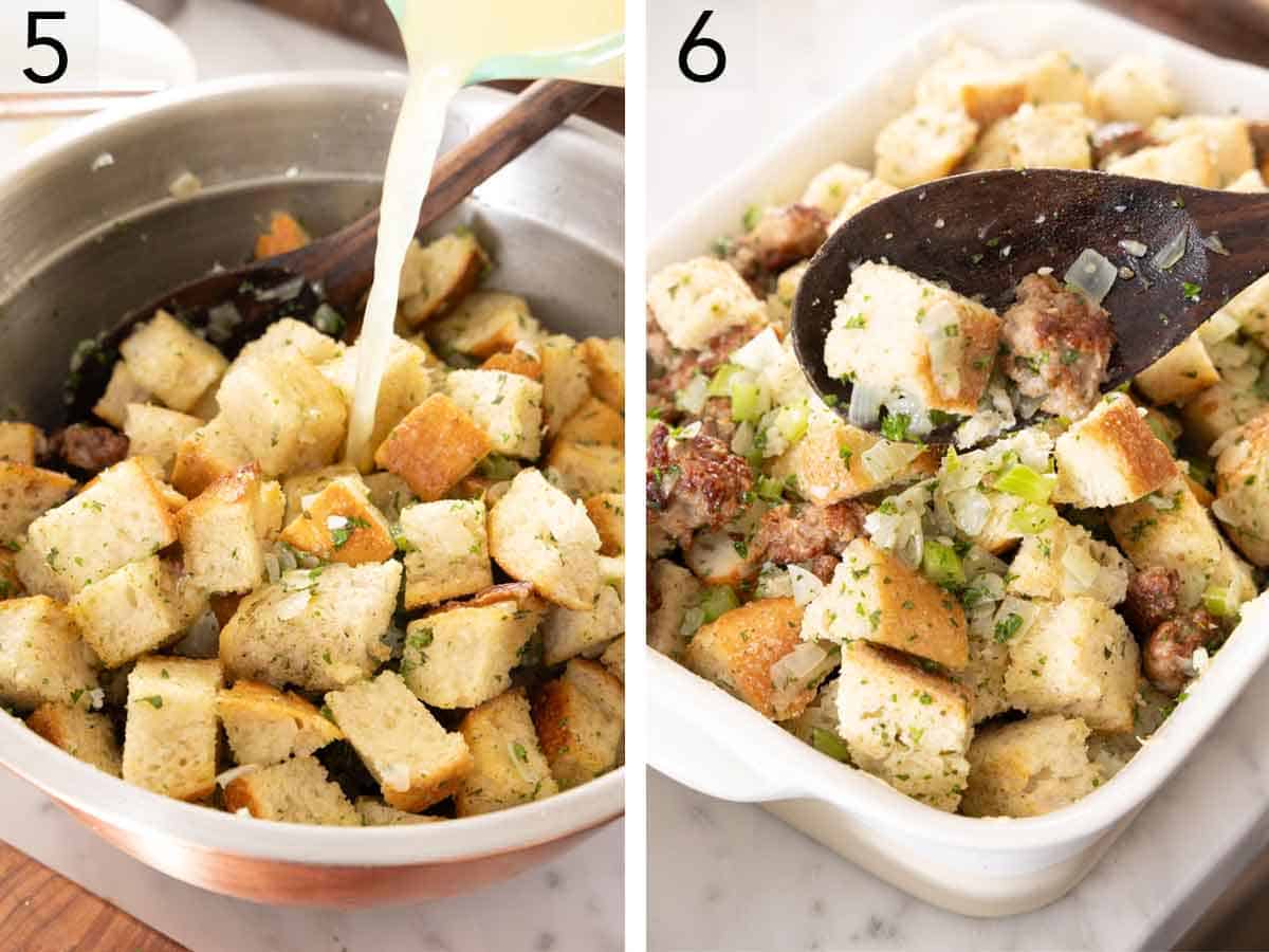 Set of two photos showing liquid added to the breadcrumbs and everything transferred into a baking dish.