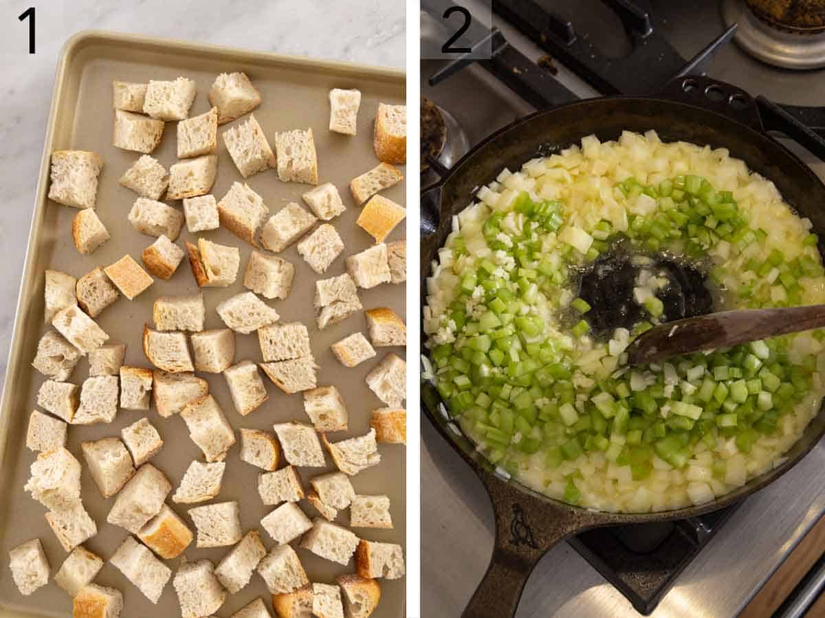 Set of two photos showing bread cubes added to a sheet pan and aromatics cooked in a skillet.