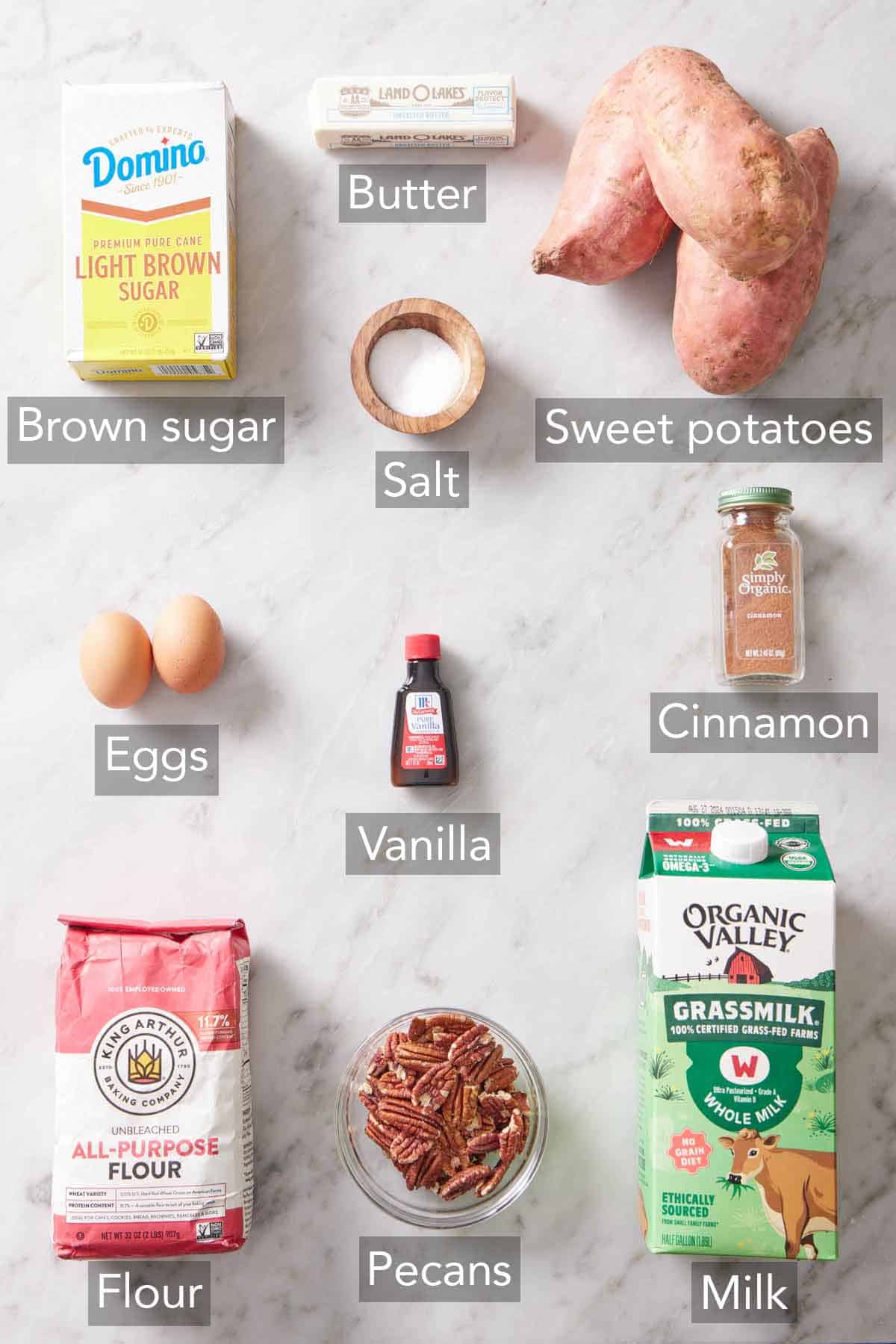 Ingredients needed to make a sweet potato casserole.