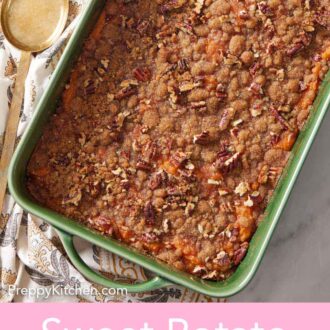 Pinterest graphic of a green baking dish with a sweet potato casserole. A serving spoon and pecans on the side.