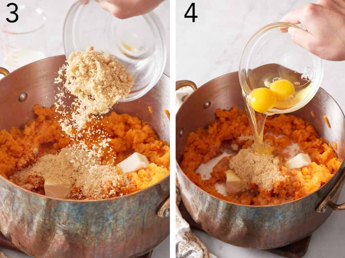 Set of two photos showing sugar, butter, and eggs added to the pot.