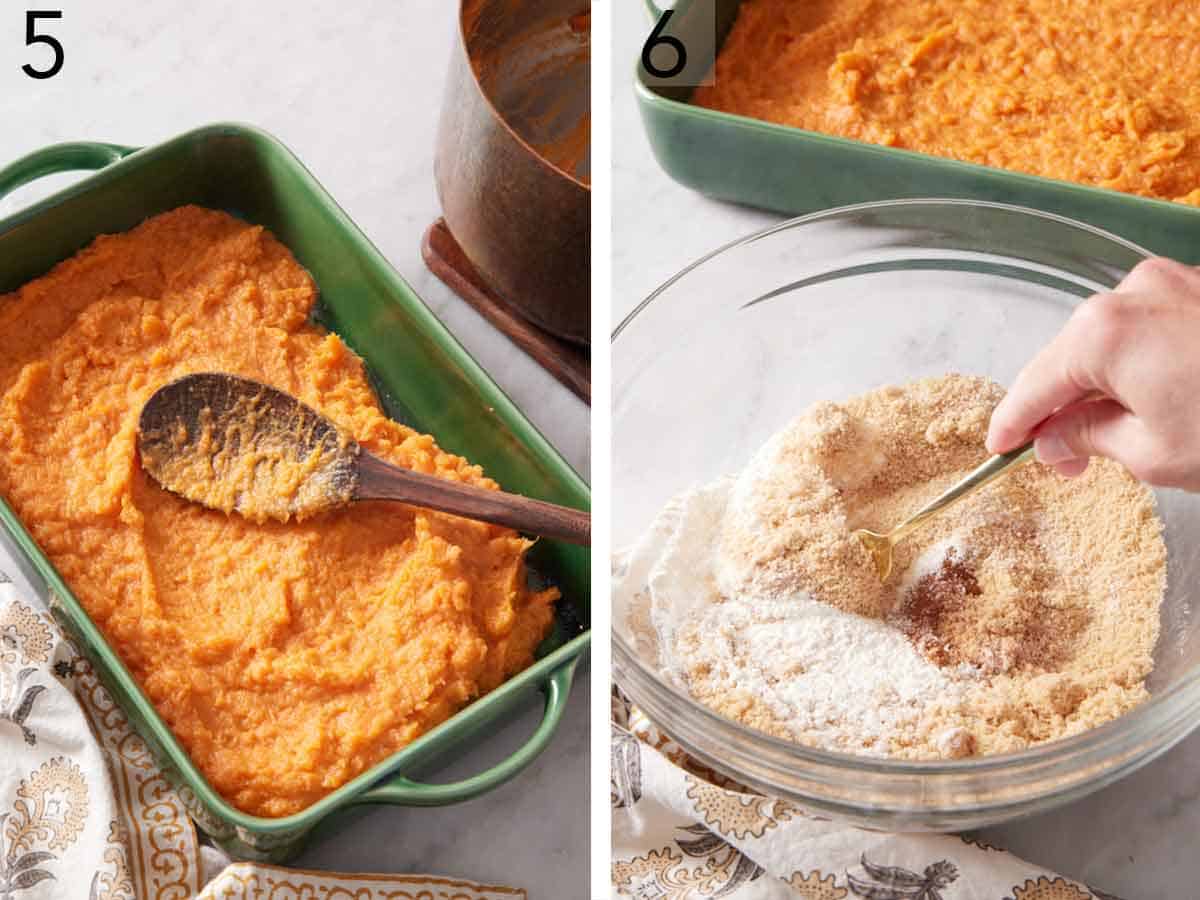 Set of two photos showing mashed sweet potato spread into a baking dish and dry ingredients whisked in a bowl.