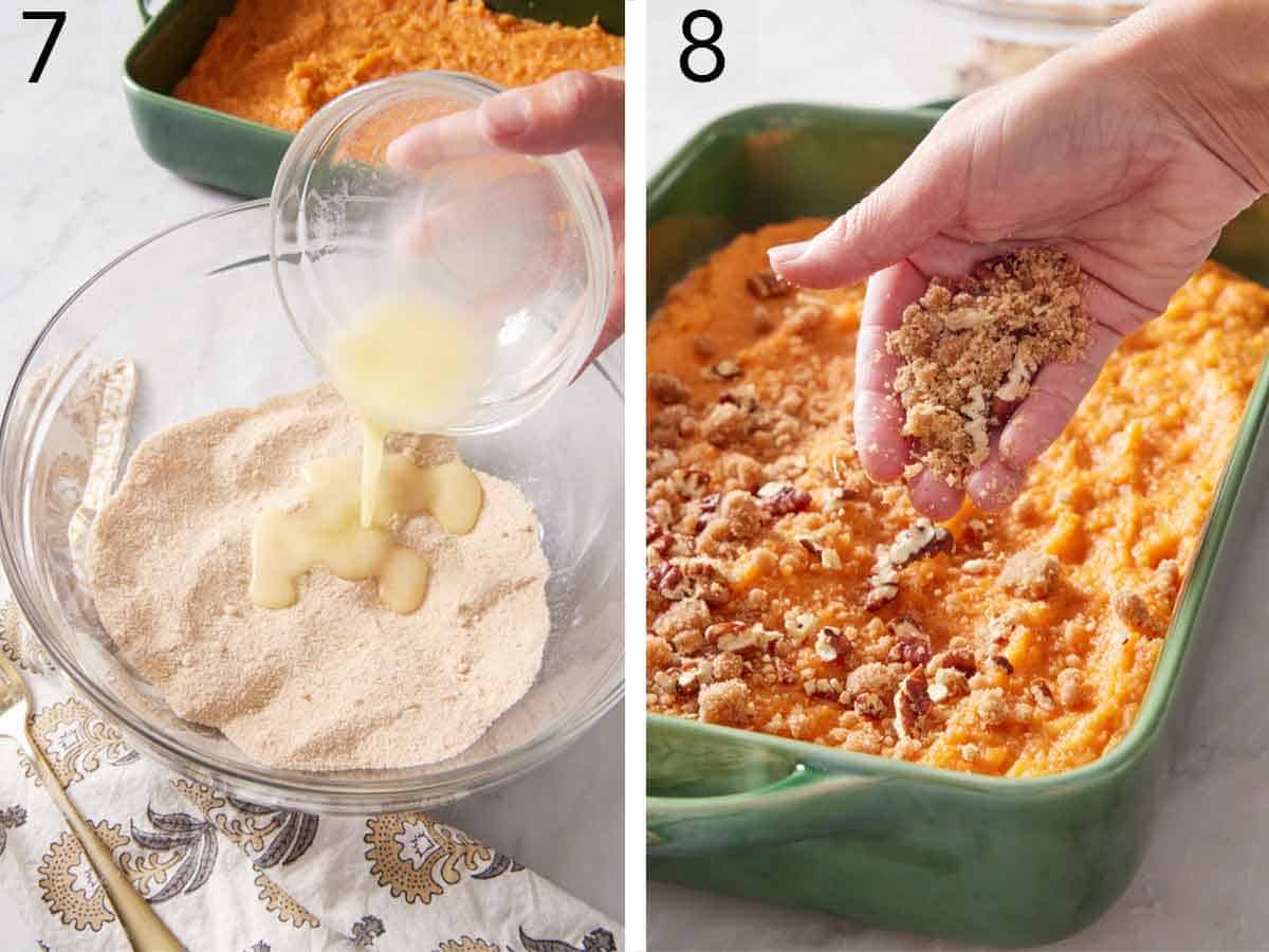 Set of two photos showing melted butter added to the mixture and then sprinkled over the baking dish.