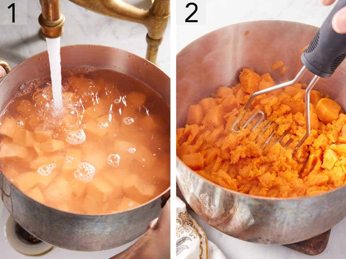 Set of two photos showing water added to a pot of sweet potatoes then mashed.