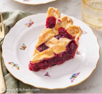 Pinterest graphic of a plate with a slice of cranberry pie. A drink and another slice in the background.