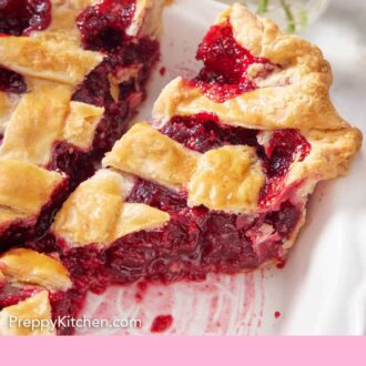 Pinterest graphic of a slice of cranberry pie cut in the baking dish from the rest of the pie.