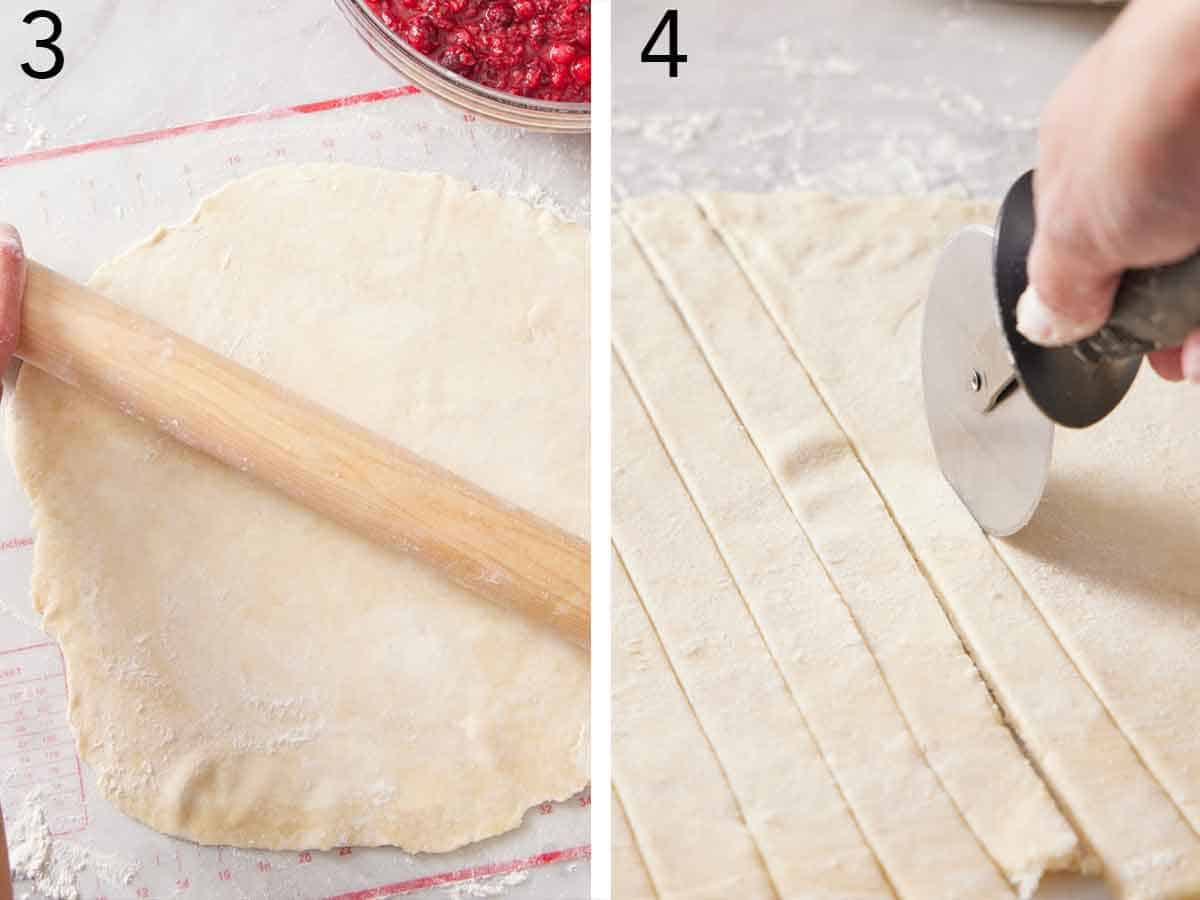 Set of two photos showing pie crust rolled out and cut into long pieces.