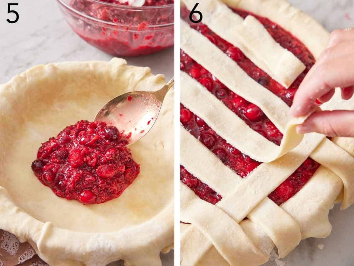 Set of two photos showing filling spooned into the pie crust and lattice top placed over the filling.