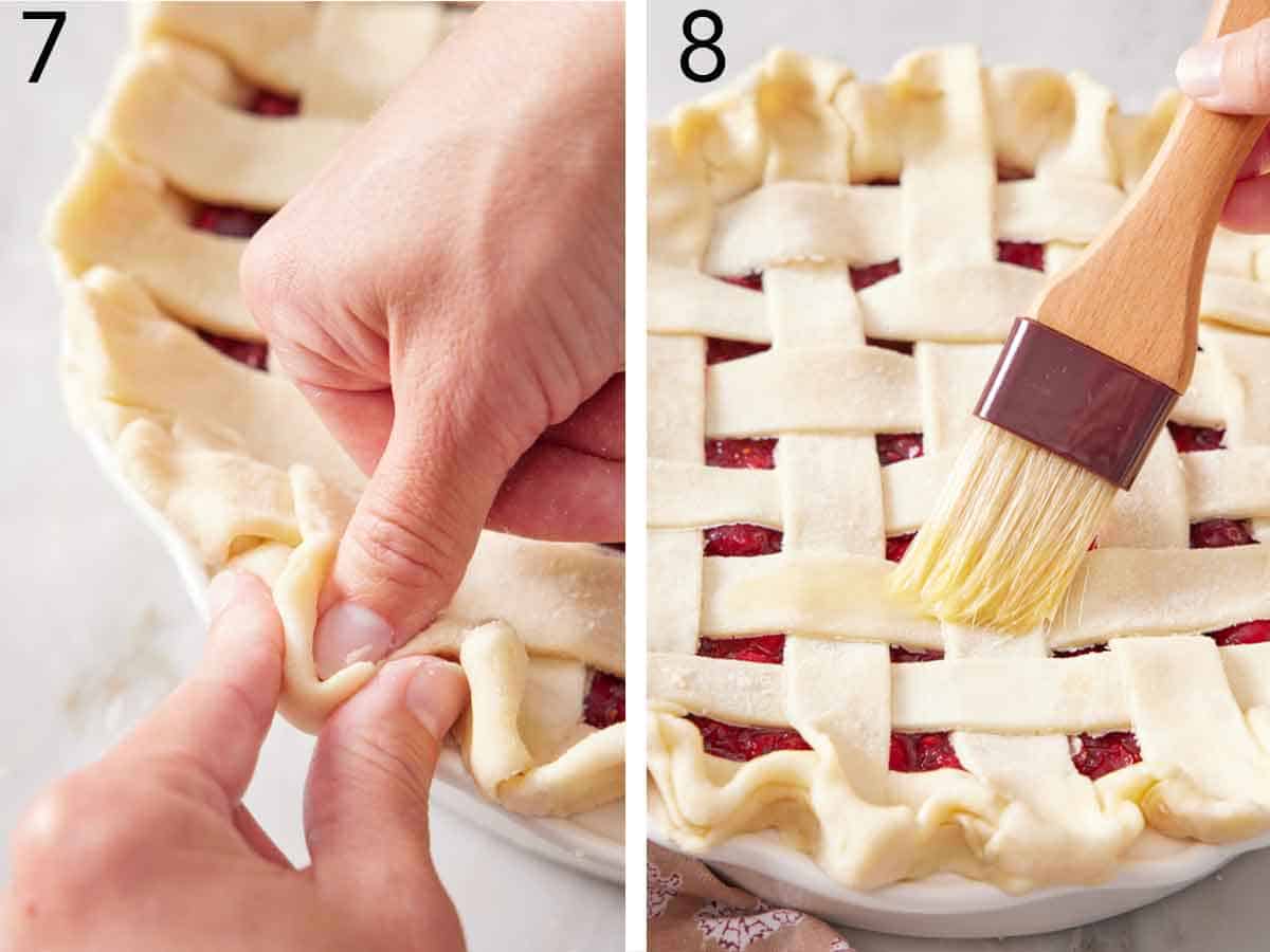 Set of two photos showing the edges of the crust crimped and egg wash brushed over the crust.