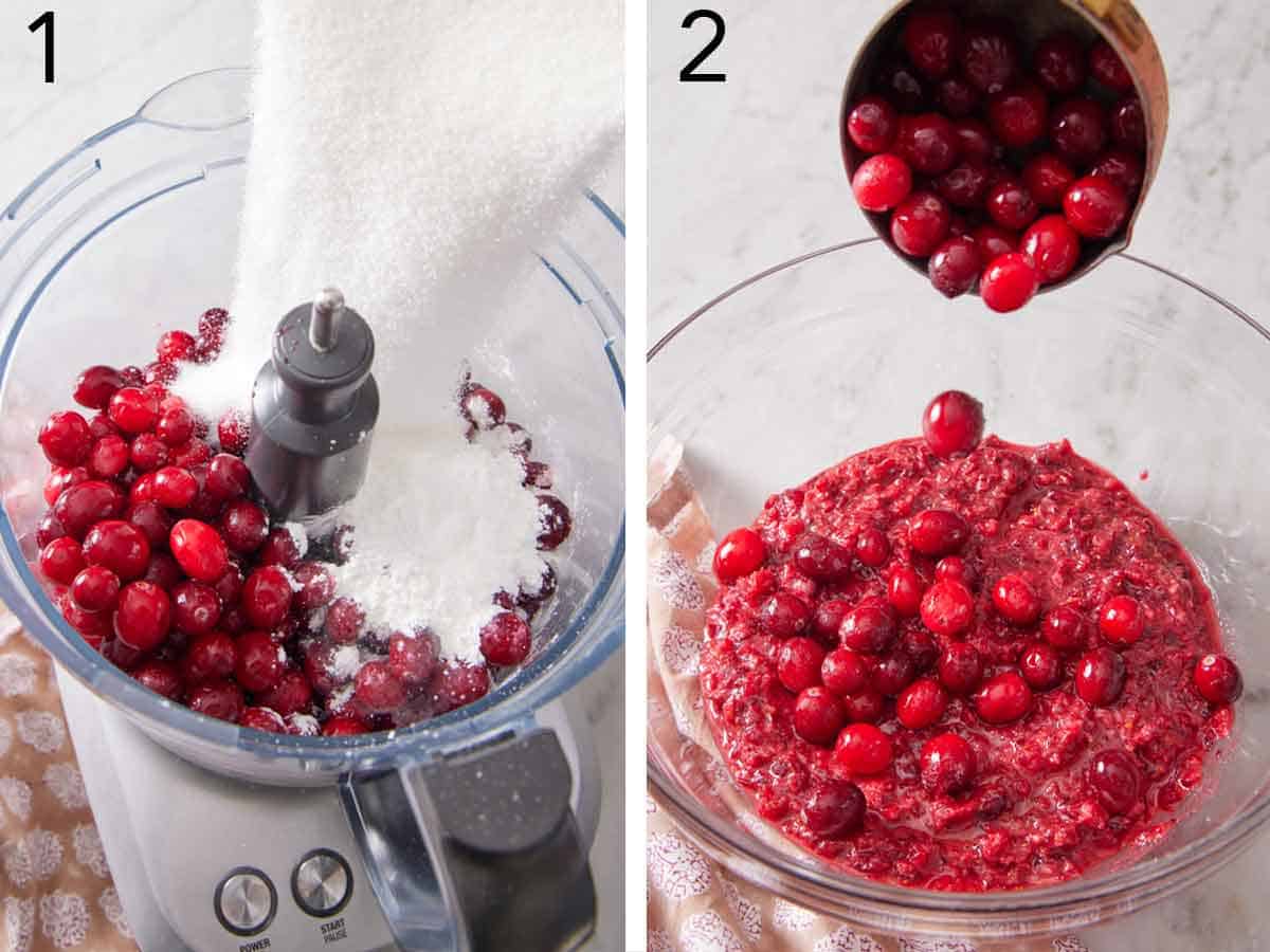 Set of two photos showing sugar added to a food processor with cranberries and fresh whole cranberries added to the puree.
