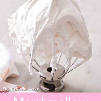 Pinterest graphic of marshmallow frosting on a whisk on a marble surface.