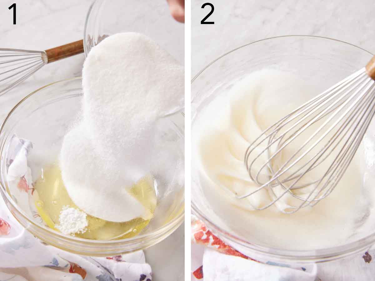 Set of two photos showing sugar added to a bowl of egg whites and whisked.