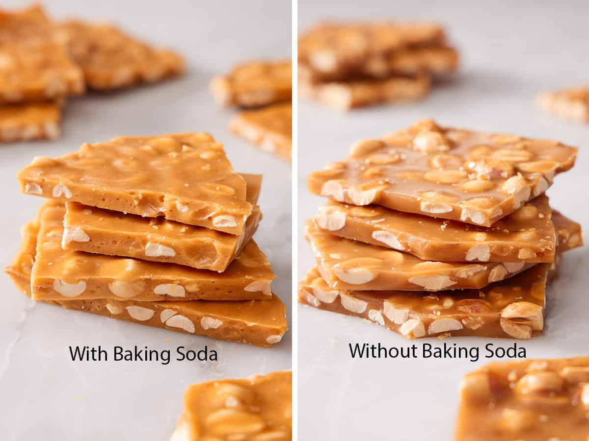 Set of two photos showing the difference between using and not using baking soda in peanut brittle.
