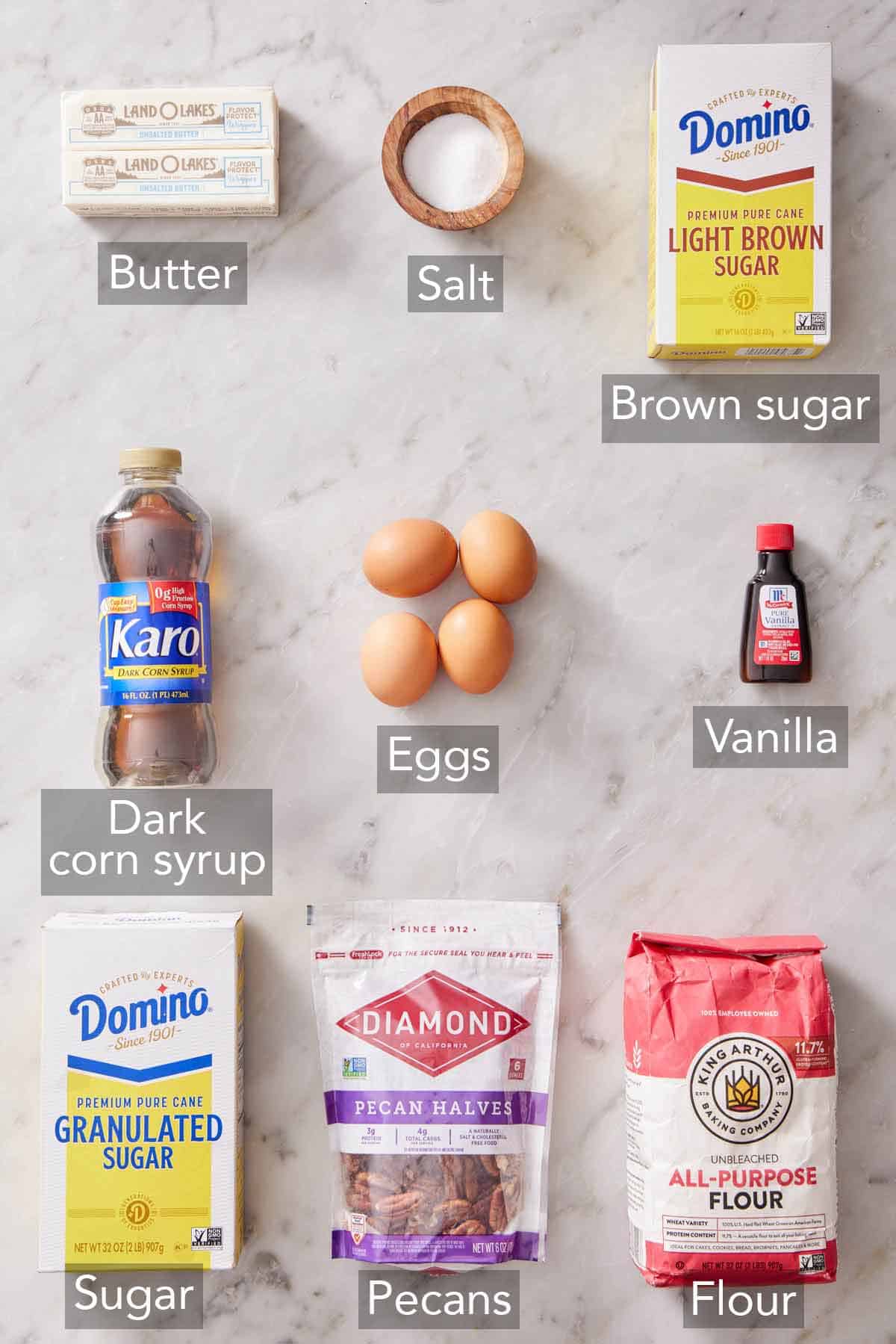 Ingredients needed to make pecan pie bars.