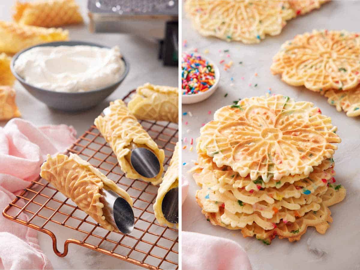 Set of two photos showing pizzelle rolled in cannoli shell mold and pizzelle with sprinkles.