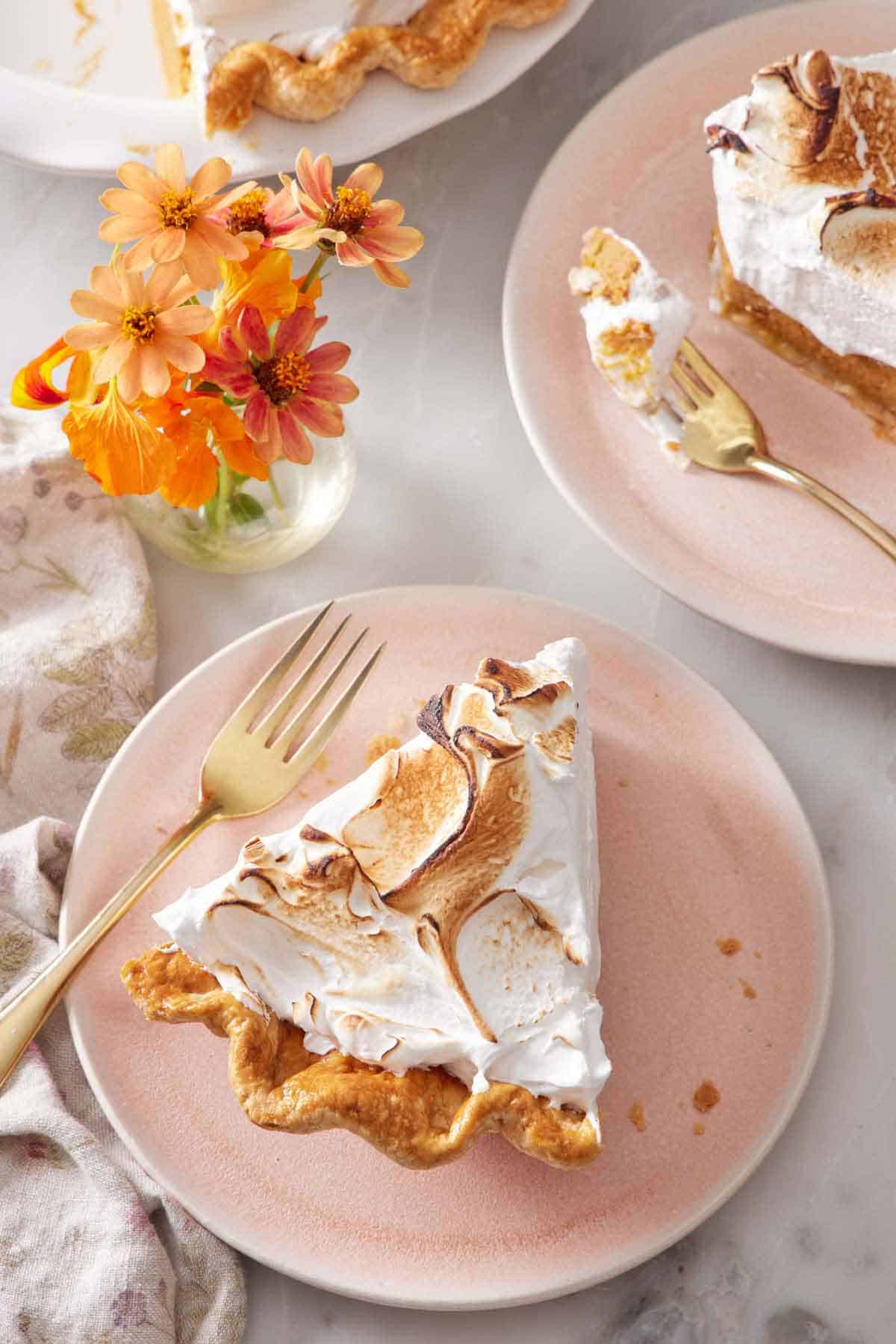 Overhead view of a plate with a slice of pumpkin meringue pie with a fork. A second plate off to the side along with flowers.