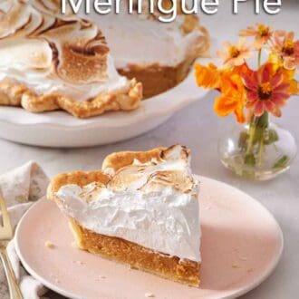 Pinterest graphic of a plate with a slice of pumpkin meringue pie with flowers in the background along with the rest of the pie.