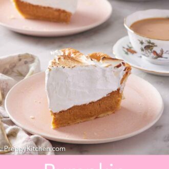 Pinterest graphic of two slices pumpkin meringue pie on individual plates with a cup of coffee in-between.