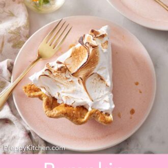 Pinterest graphic of an overhead view of a plate with a slice of pumpkin meringue pie with a fork.