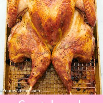 Pinterest graphic of a spatchcock turkey on a sheet pan with a cooling rack.
