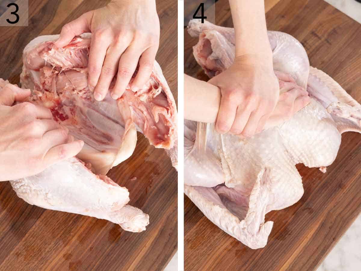 Set of two photos showing the cut turkey pried open with hands then pressed down on.