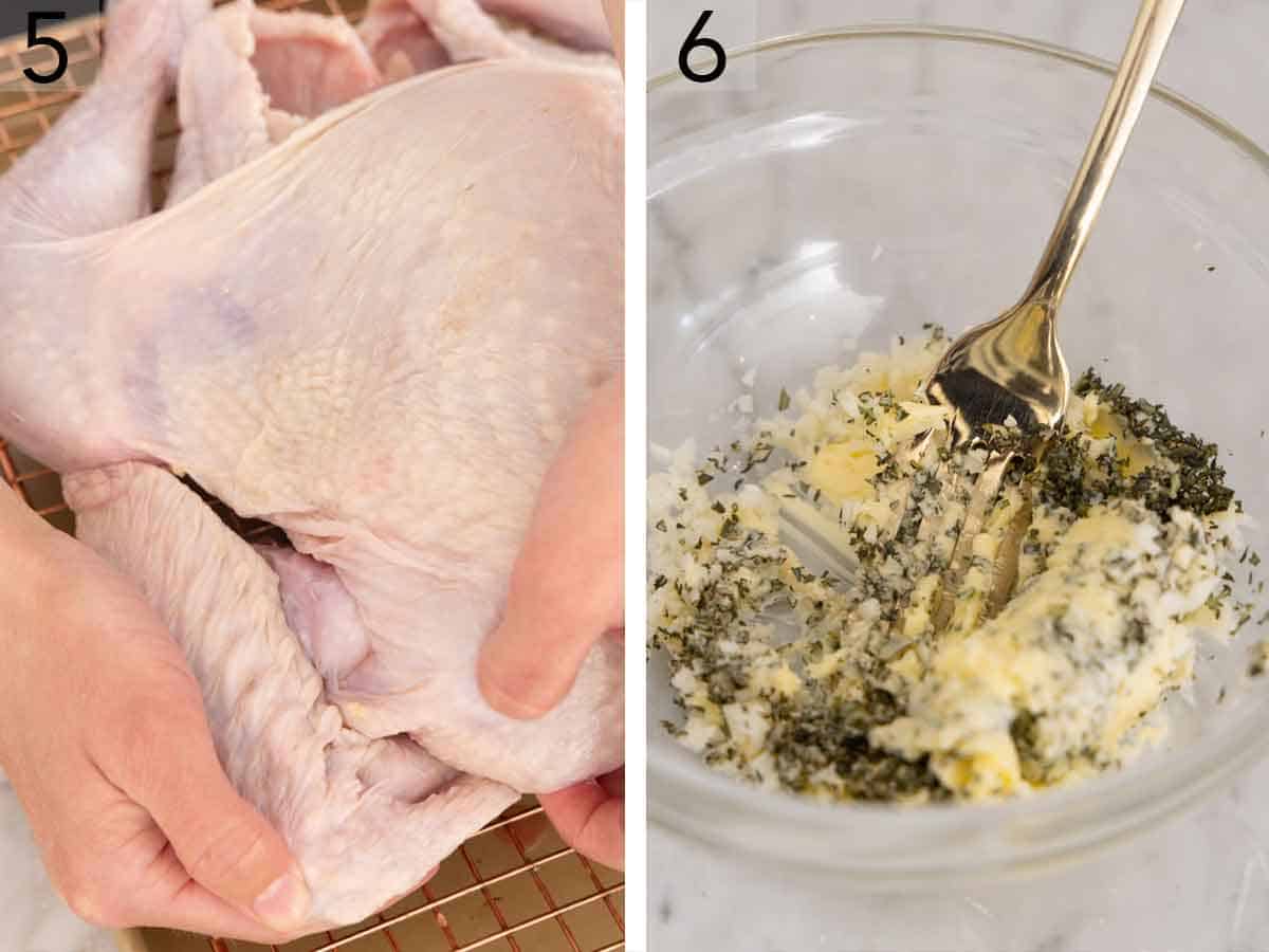 Set of two photos showing wings tucked under the turkey breasts and butter mixed with herbs.