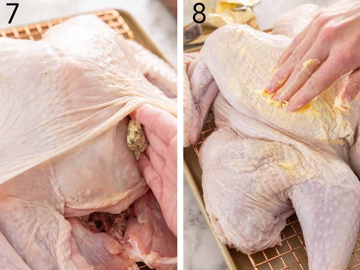 Set of two photos showing butter spread under and over the turkey skin.