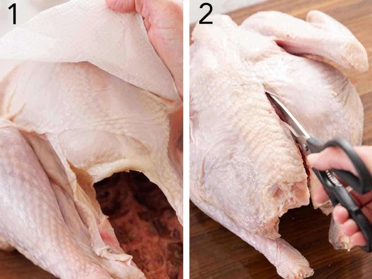 Set of two photos showing a turkey patted dry with a paper towel and then cut with a pair of scissors.
