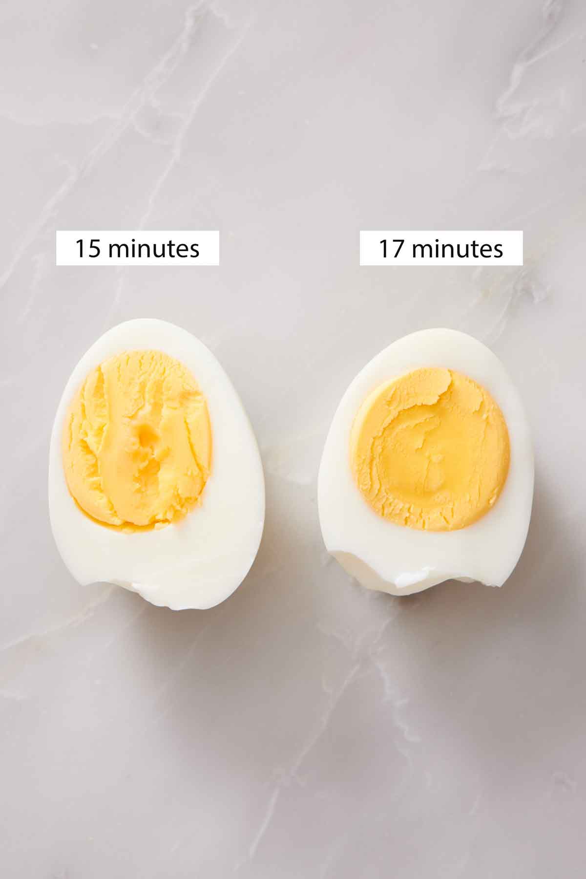 A comparison photo of the yolk of an air fryer hard boiled eggs after air fried for 15 and 17 minutes.