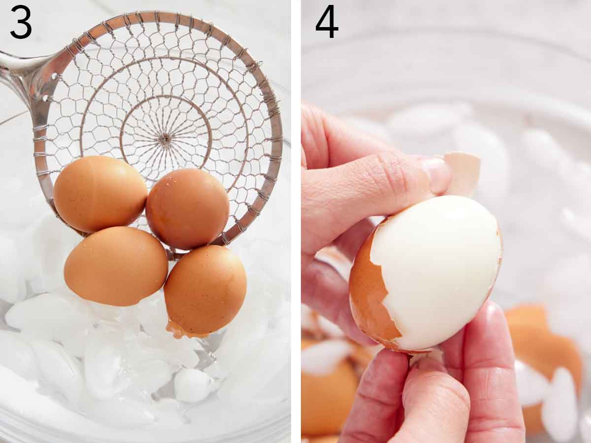 Set of two photos showing eggs added to an ice bath then peeled.
