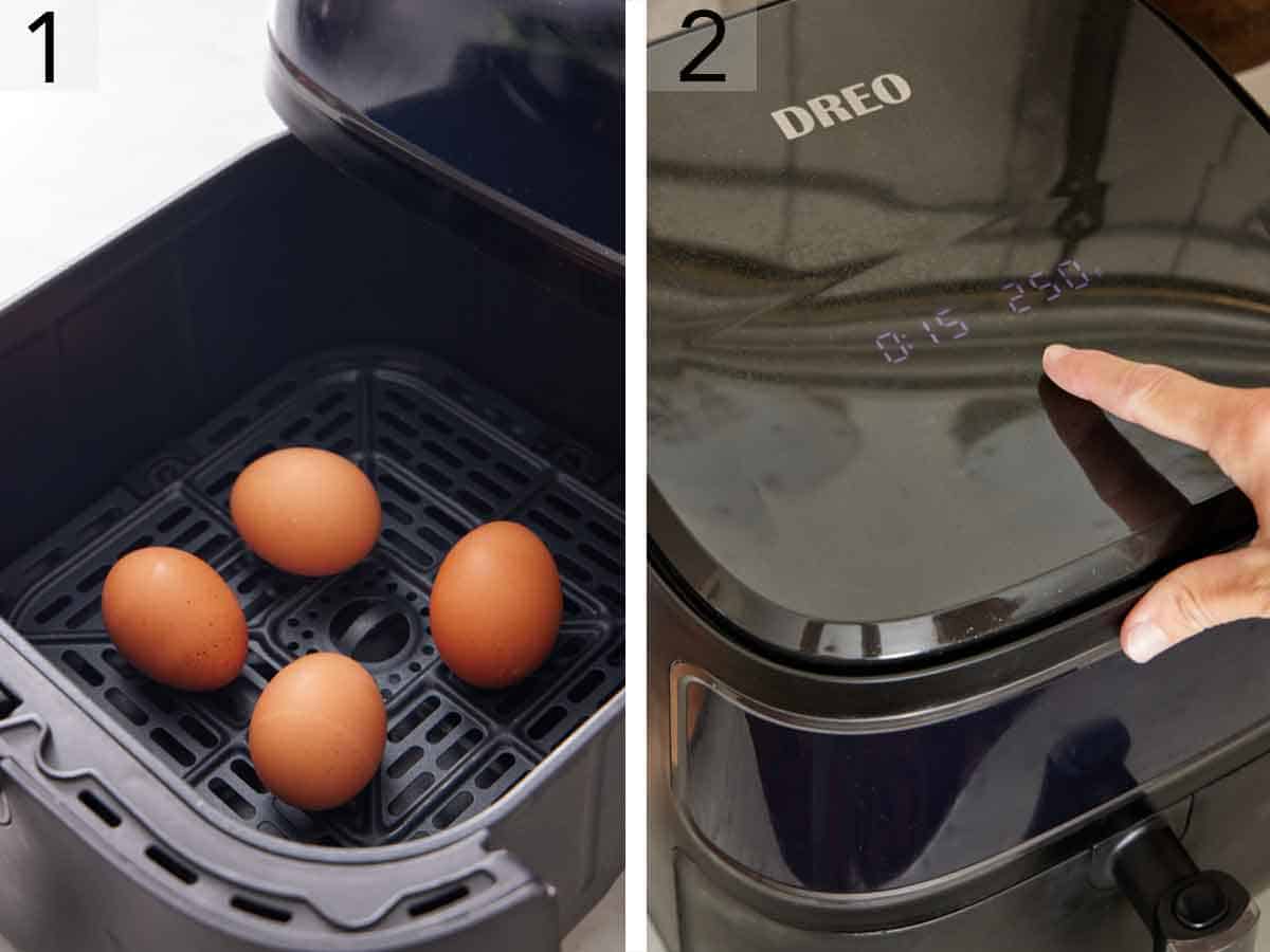 Set of two photos showing four eggs added to an air fryer and the timer set.