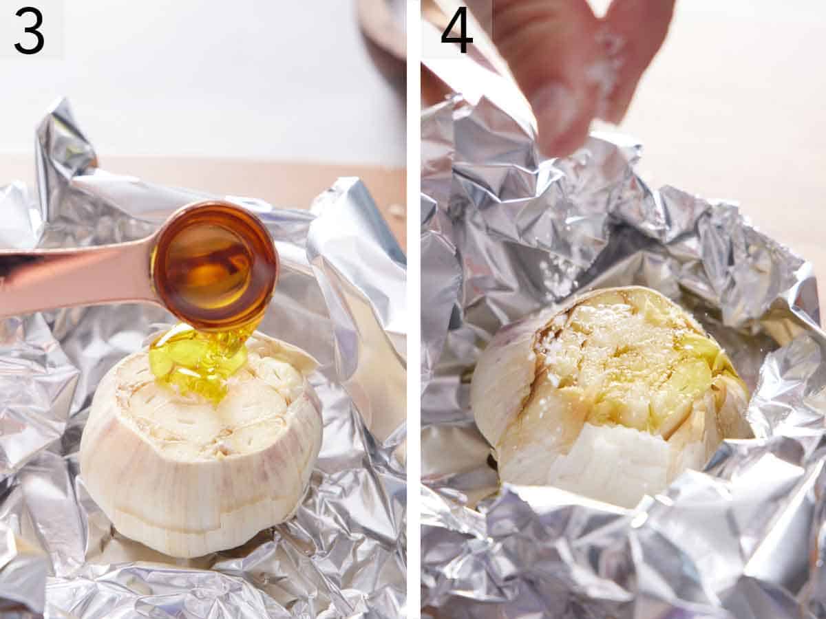 Set of two photos showing olive oil spooned over the cut garlic and salt sprinkled on top.
