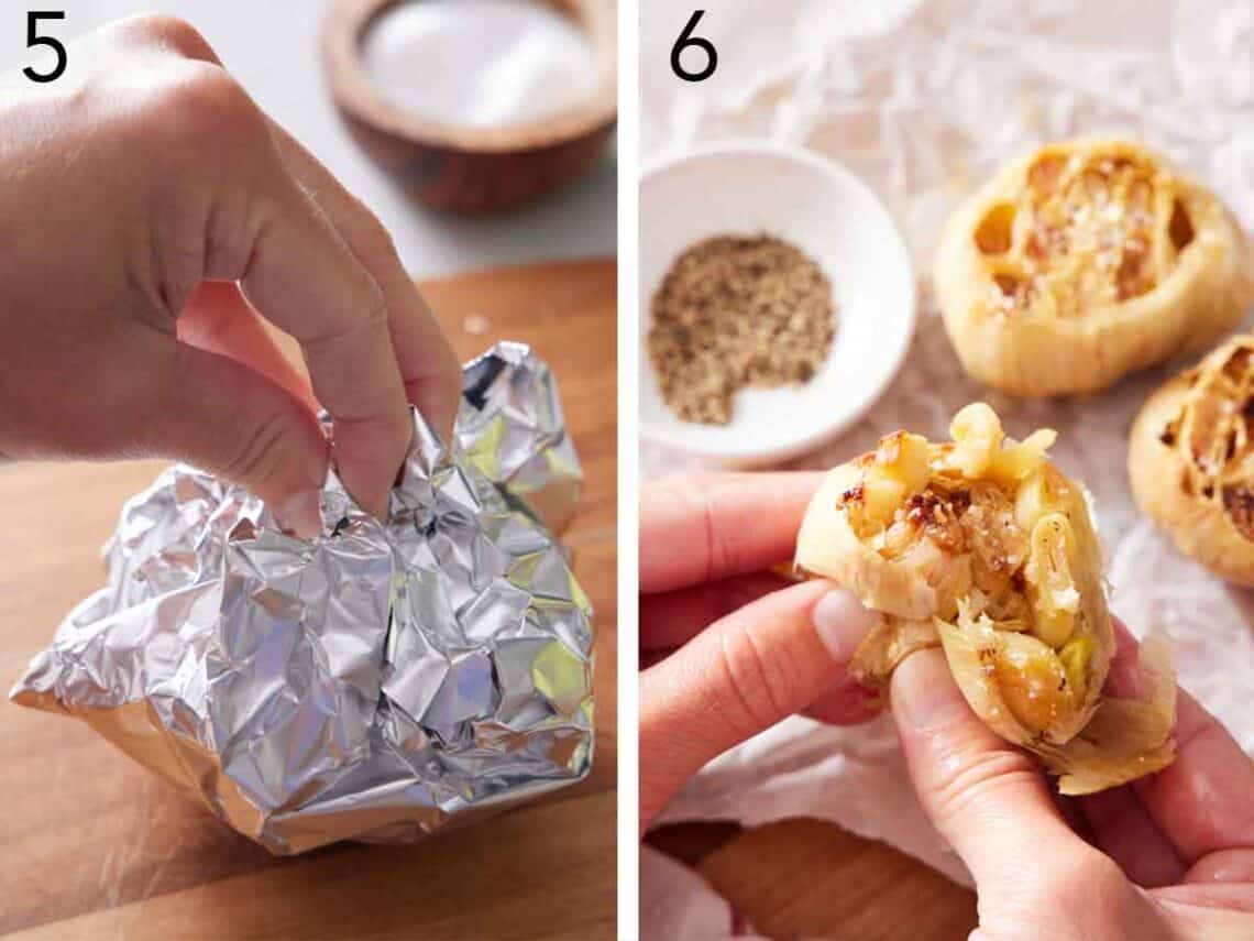 Set of two photos showing the garlic head wrapped in the foil then cloves squeezed out of the roasted head.