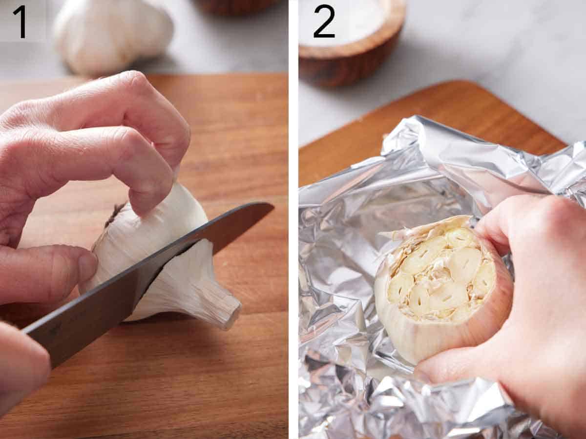 Set of two photos showing a head of garlic cut and placed into foil.