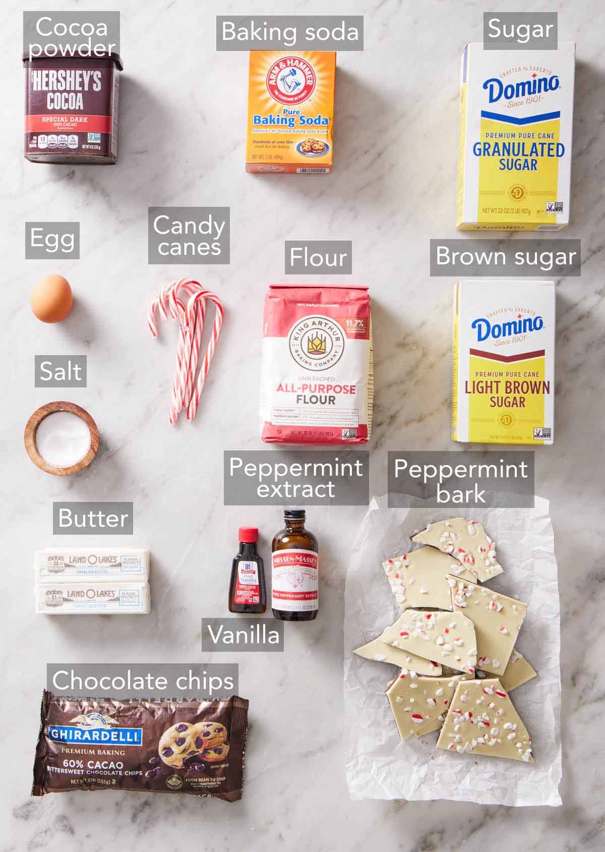 Ingredients needed to make chocolate peppermint bark cookies.
