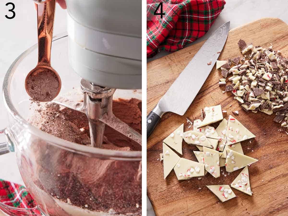 Set of two photos showing cocoa powder added to the mixer and peppermint bark chopped.