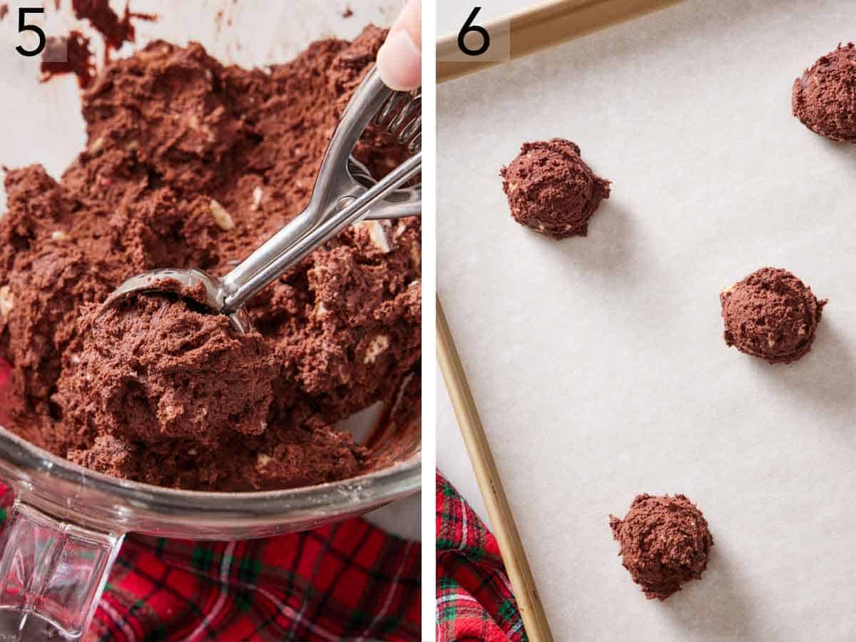 Set of two photos showing cookie batter scooped and placed on a lined sheet pan.