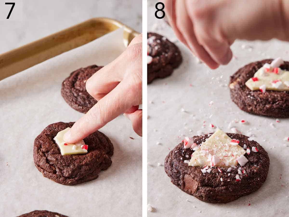 Set of two photos showing peppermint bark pressed over a freshly baked cookie and crushed candy canes sprinkled on top.